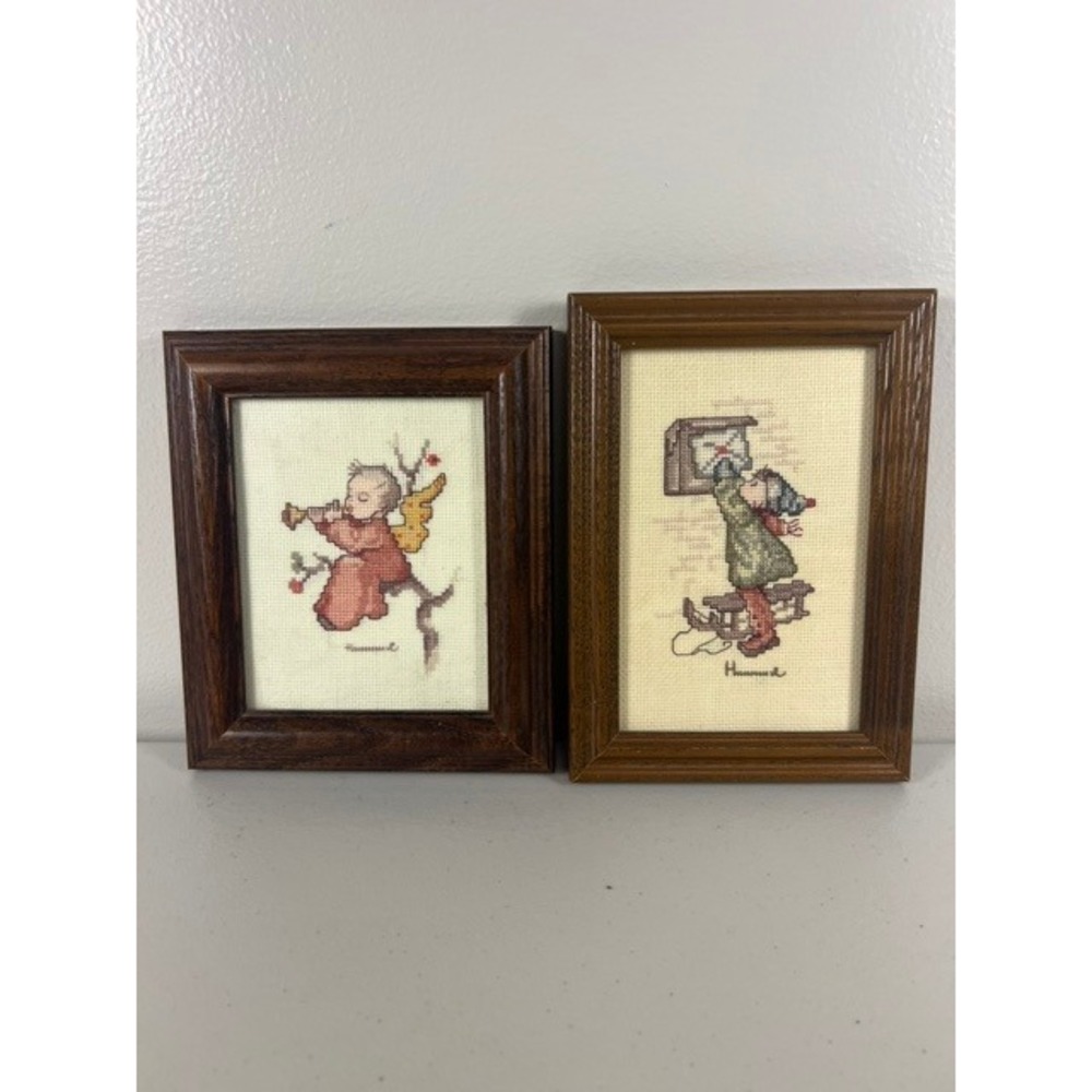 Vintage Hummel Cross Stitch Framed Art Set Angel Trumpet & Winter Sled 2pc